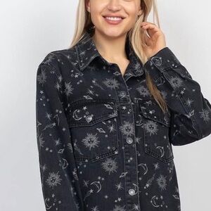 Stoosh Black Cropped Denim Jacket Celestial Print Jean Sz M festival 90s inspo